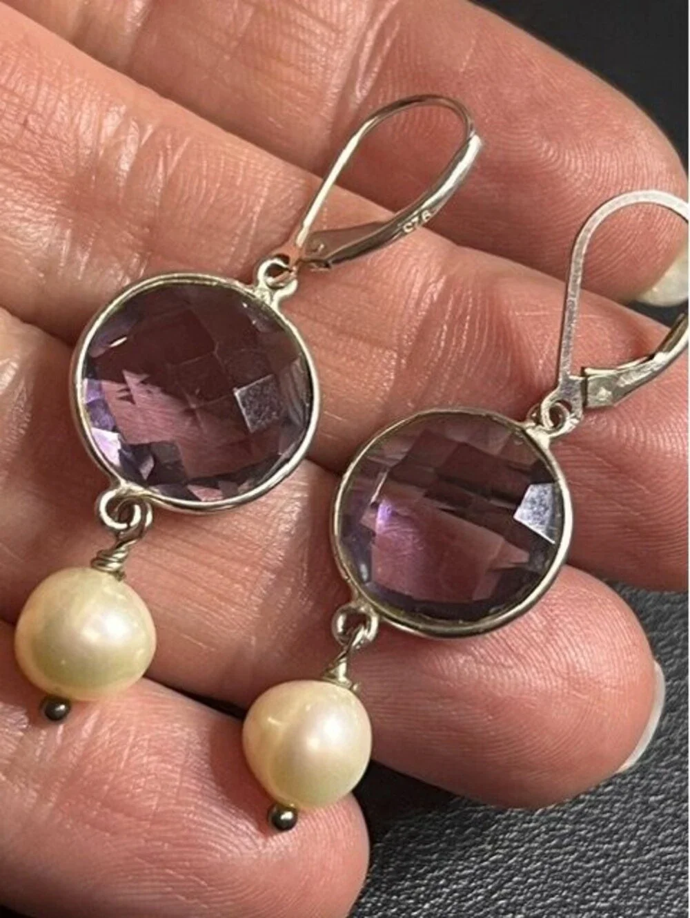 B6639 Sterling Silver Amethyst Pearl Dangle Drop Earrings Faceted Round 2